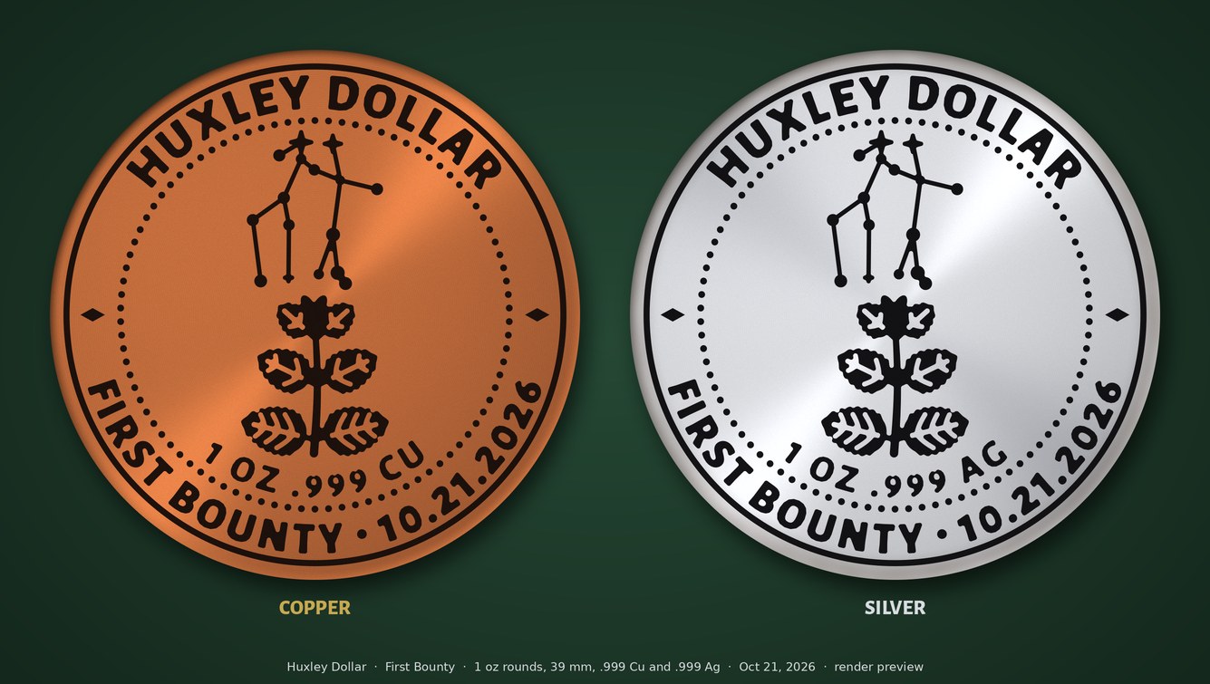 The First Bounty coin in copper and in silver side by side: a star constellation above a lemon balm sprig