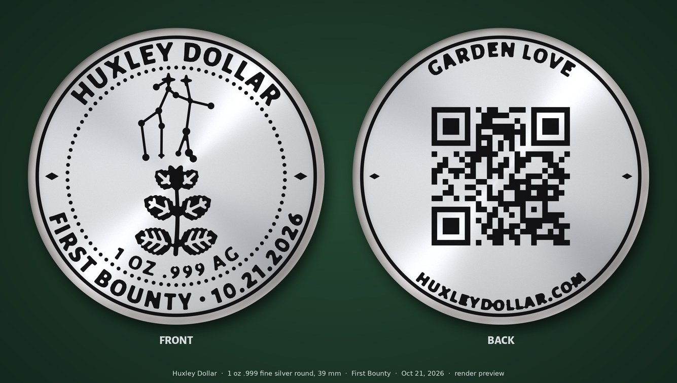 Front and back of the silver First Bounty coin: a star constellation over a lemon balm sprig, and a QR code