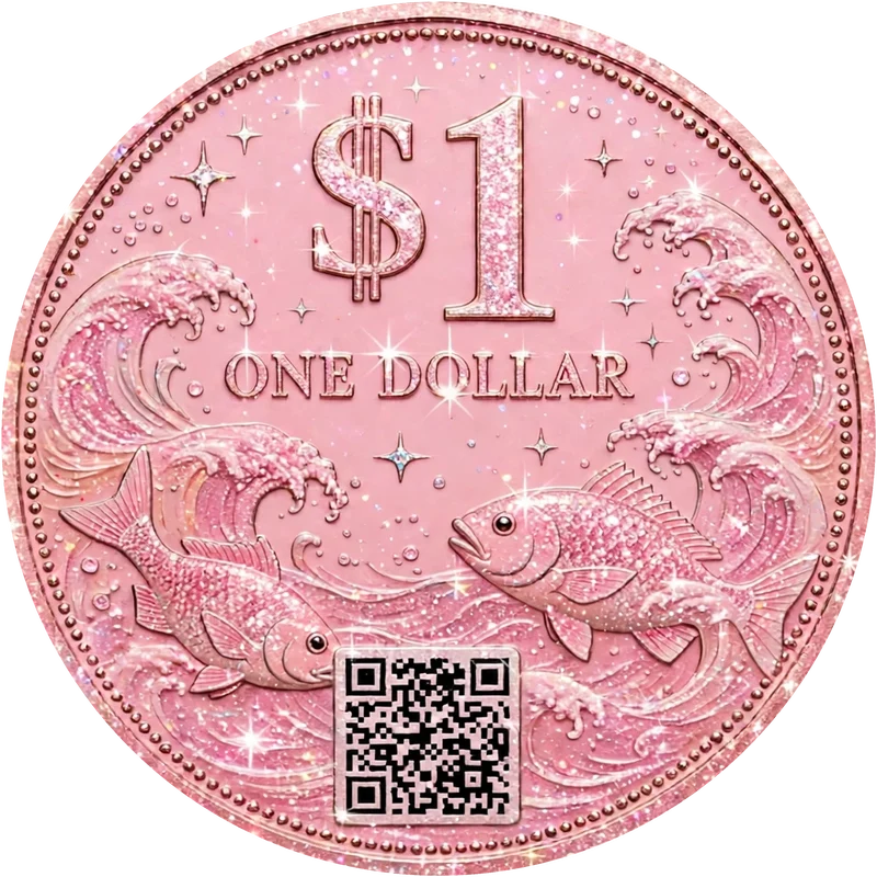 Back of the Huxley Dollar: waves, two fish, $1 One Dollar and a QR code